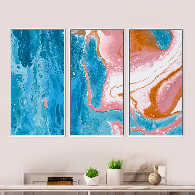 Turquoise et rose, vagues de marbre I - ensemble de 3 peintures sur toile à cadre flottant, H 20 po x l 36 po x P 1 po