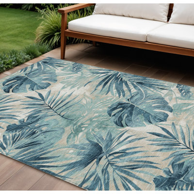 Tapis intérieur/extérieur lavable, 2,44 m x 3,05 m, à motifs floraux bleu sarcelle et ivoire
