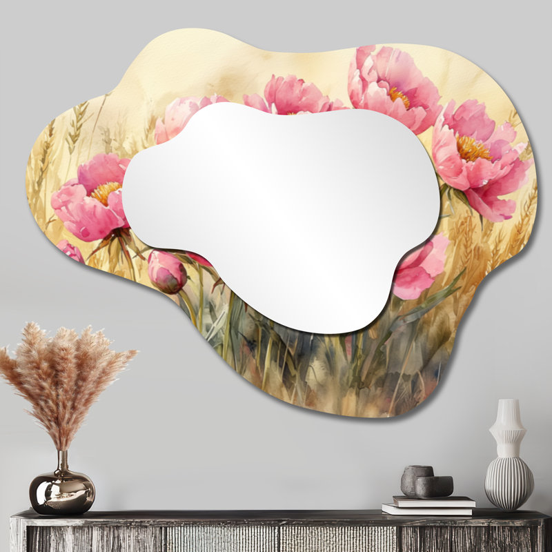 Peonies In The Wheatgrass Field I - Peonies Asymmetrical Wall Mirror, Traditional Vanity Mirror, Printed on Metal, 27" x 35"