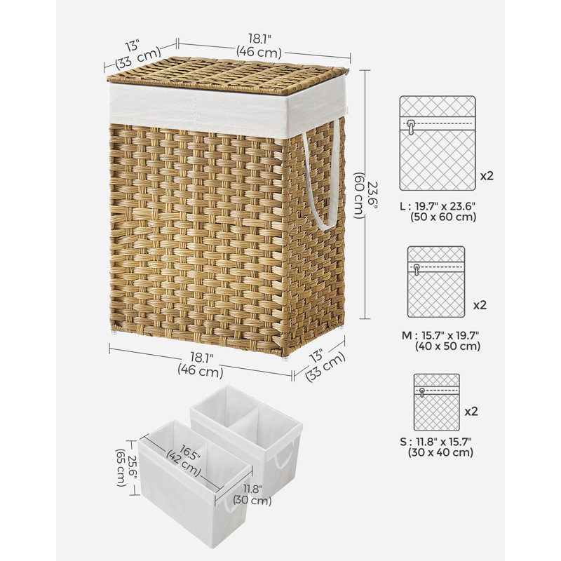 90l Clothes Hamper With 2 Removable Liner Bags, Natural