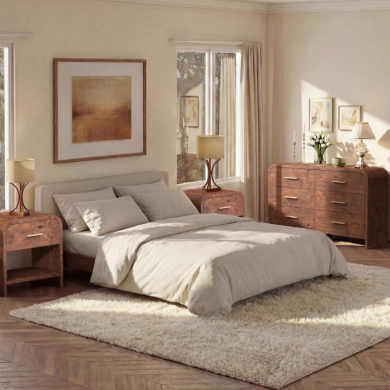 Ensemble de mobilier de chambre à coucher de 3 - Ensemble de coin moderne arrondi, 2 tables de chevet + commode 6 tiroirs, ensemble de rangement en bois