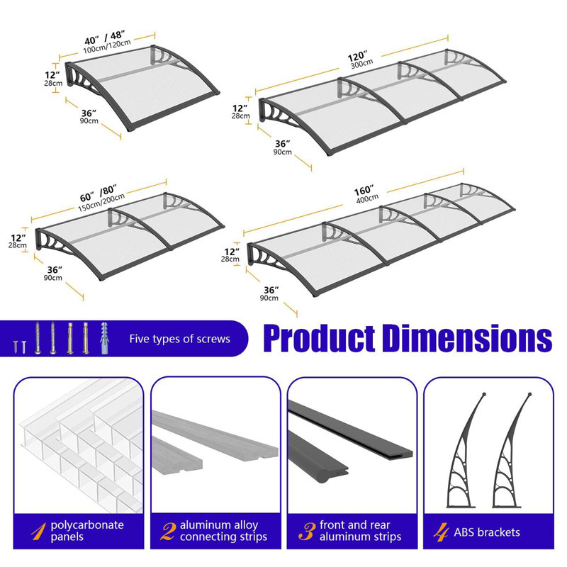 GUANSU-CN Polycarbonate Cover Retractable Door / Window Awning, 90x120 cm