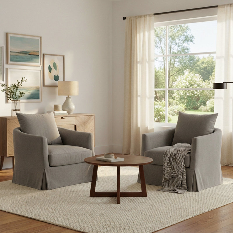 32" W Down Fill Upholstered Slipcover Swivel Barrel Chair with Pillow Back Set of 2, Slate Gray