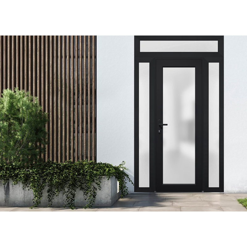 Façade extérieure en verre givré pré-suspendu Fibre de verre givré / Manux 8102 noir mat / 2 portes extérieures latérales et de bureau / portes d'entrée commerciale et résidentielle Garage-l14 + 36 + 14 po x H80 + 14 po -Ins droite