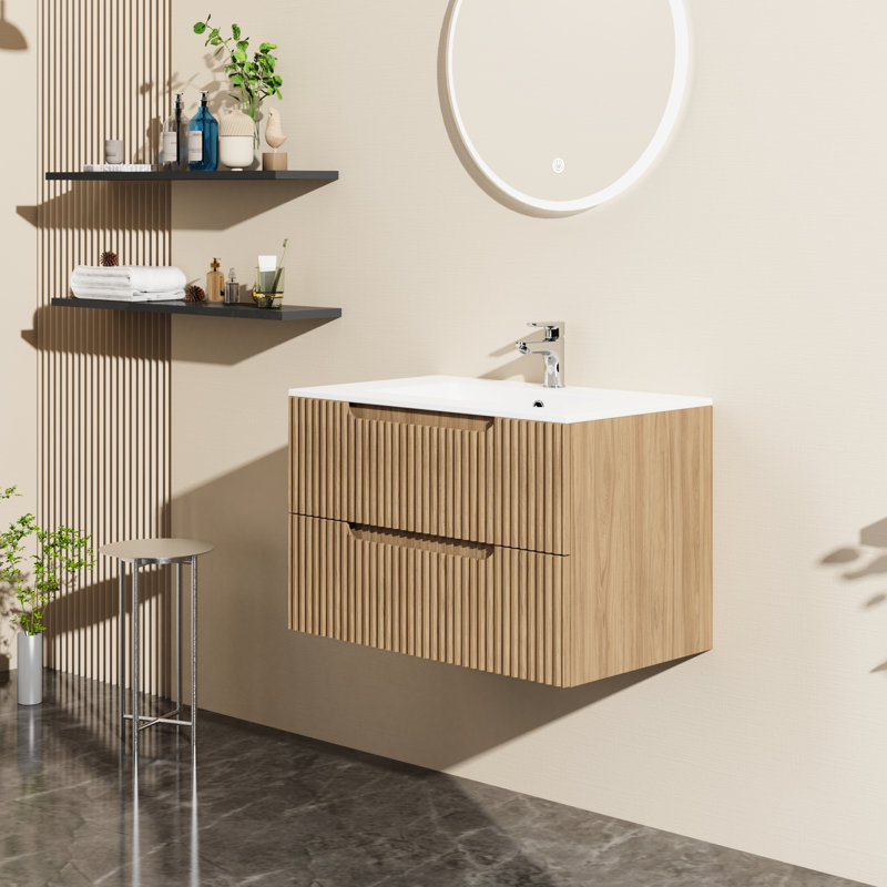 Meuble-lavabo 30 po avec conception murale flottante, tiroirs à fermeture en douceur, finition noyer, rangement pour serviettes 30 po, noyer, articles spacieux