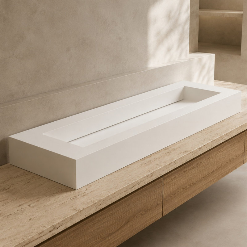 42" Solid Surface Sink, Bathroom Basin with Waterfall Edge, Matte White