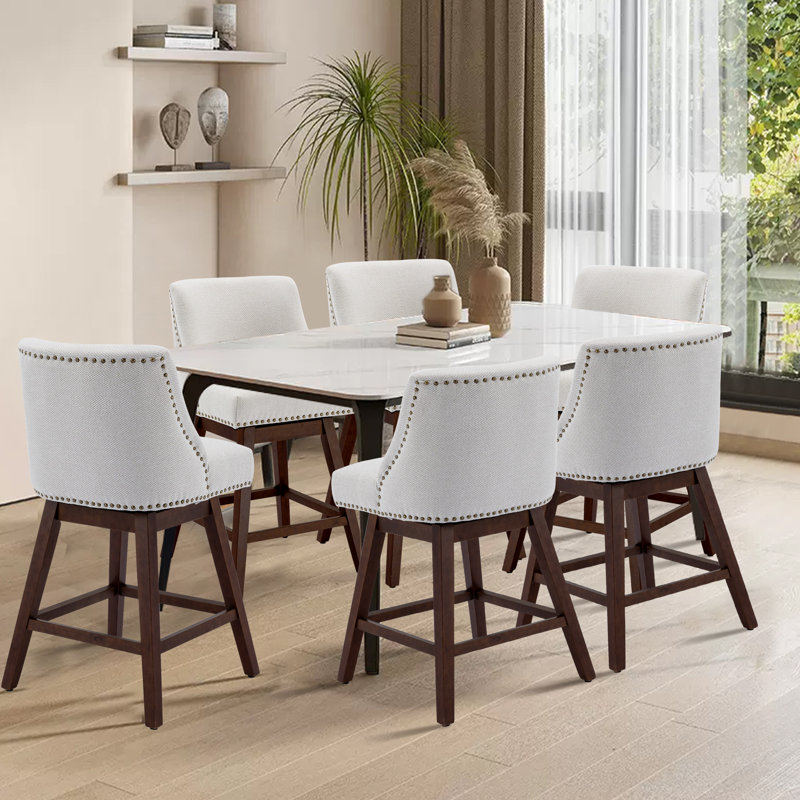 Counter Height Swivel Barstools, 26'' H Seat Height Upholstered Bar Stools, 6, Beige