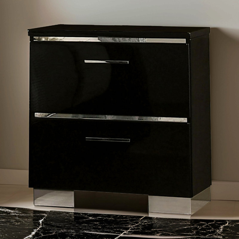 Table de chevet à deux tiroirs avec chargeur USB, chrome, noir, Noir