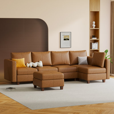  Canapé modulaire modulaire avec repose-pieds avec rangement, canapé modulaire rembourré et confortable pour salon, chambre à coucher, canapé en L 5 places avec 1 repose-pieds, similicuir brun