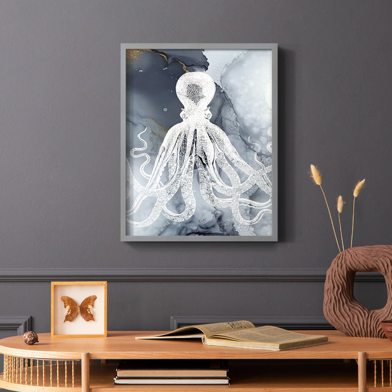 «Octopus Ink I», reproduction encadrée - bois massif, H 10 po x l 8 po, Gris