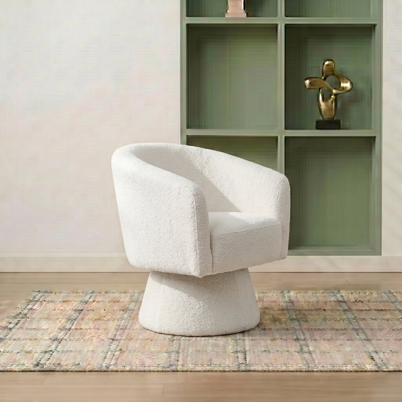 Caleigha Upholstered Swivel Barrel Chair, White Polyester