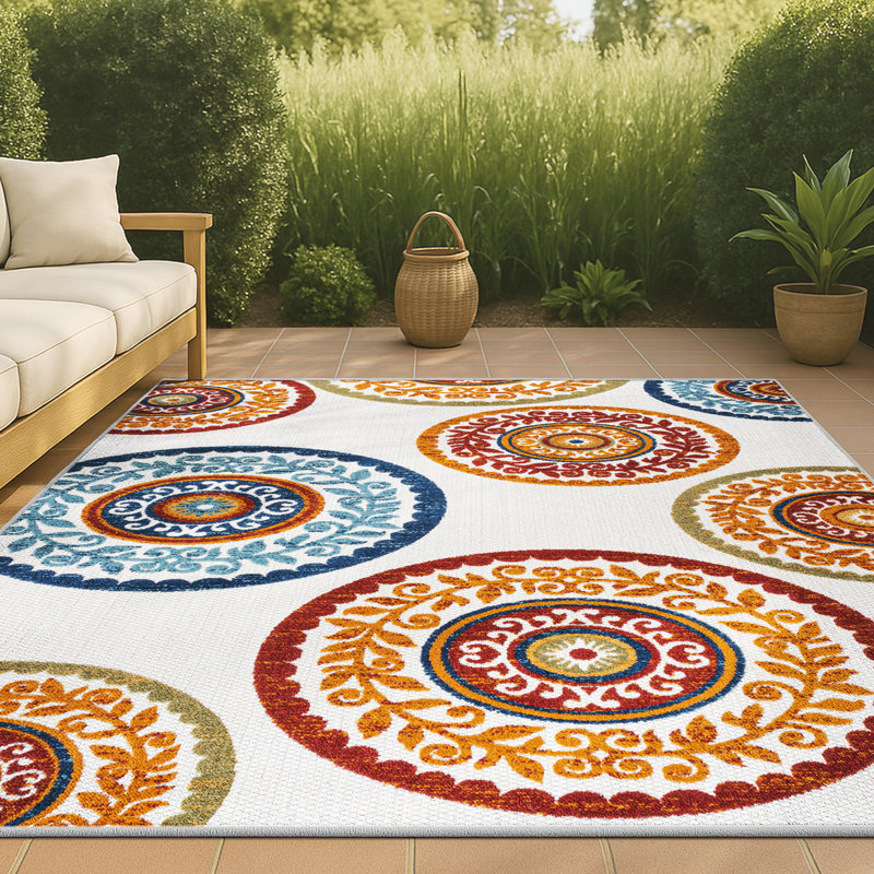 Nifelheim Medallion High-Low Red/Blue Indoor/Outdoor Rug, Rectangle 3' x 5'