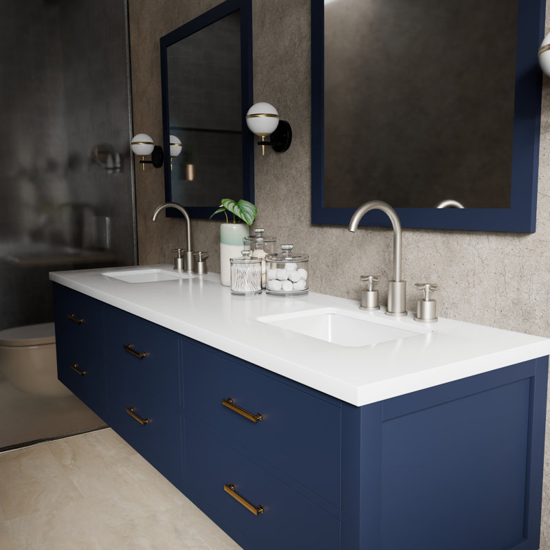 80" Wall-Mounted Double Bathroom Vanity Set, White Quartz, Blue