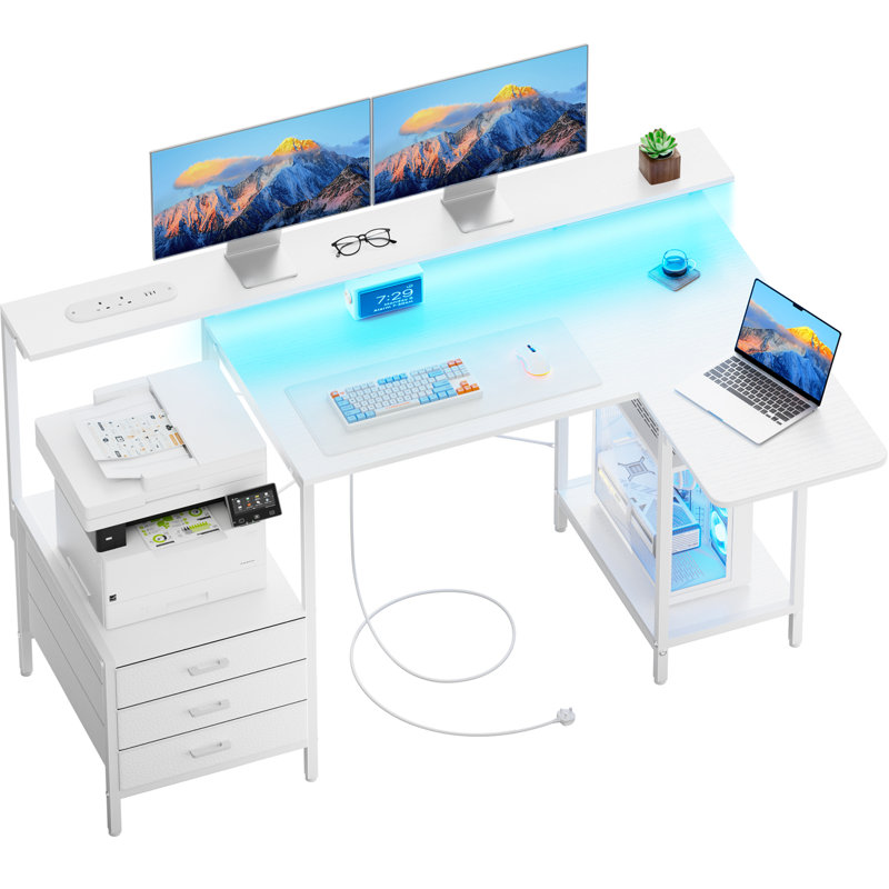 L-Shaped Metal Base Computer Desk with Power Outlet, White