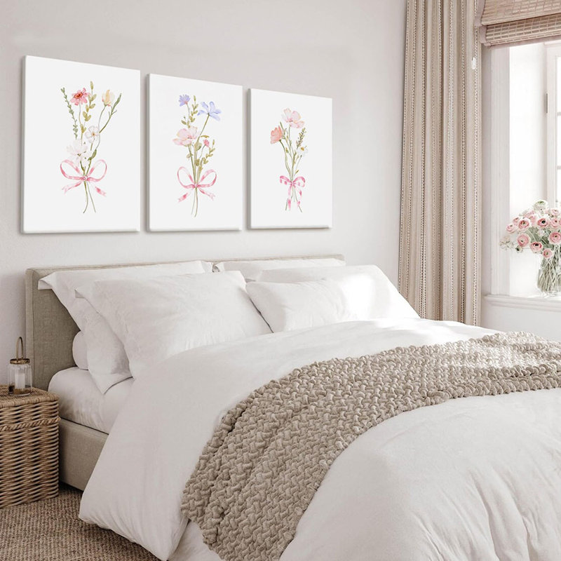3-Piece Framed Watercolor Floral Wall Art Canvas Print Set, Botanical Aesthetic Wall Decor Pastel Pink Ribbon Flower Posters & Prints For Bedroom Nursery Living Room Kitchen