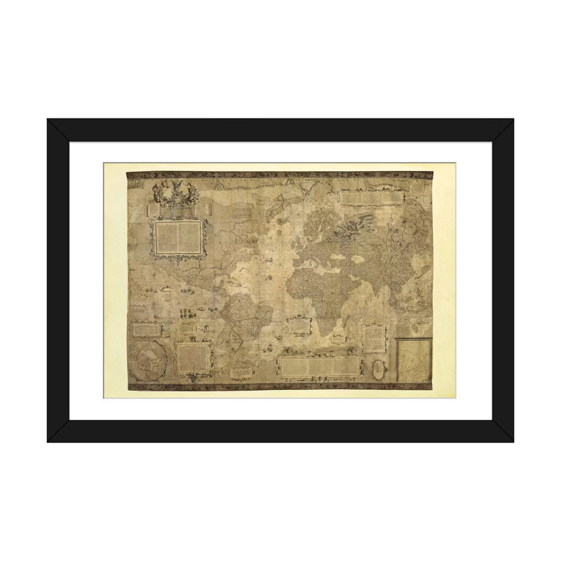 «Or bis Terrae Descriptio» par Gerardus Mercator, impression sur toile, Papier avec cadre noir, Blanc
