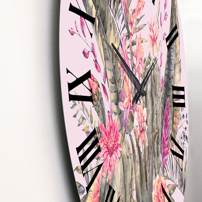 Horloge murale tropicale avec cactus en fleurs et fleurs roses, Petit