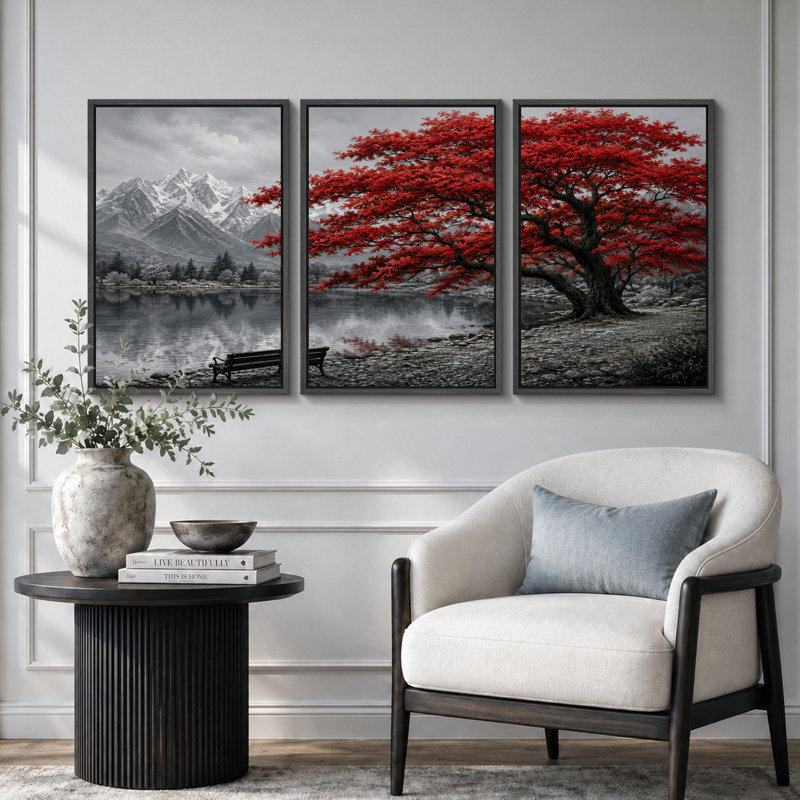 «Red Tree Mountain Lake», art du paysage, impression sur estampe numérique sur toile encadrée, 3 pièces, Cadre noir