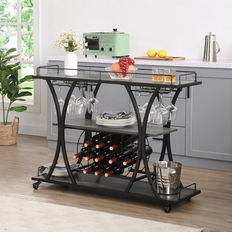 Industrial Bar Cart Kitchen Bar&Serving Cart for Home with Wheels 3 -Tier Storage Shelves, Black