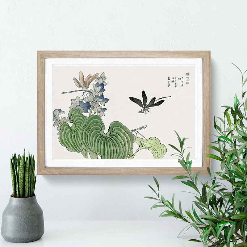 Dragonflies on a Flower by Morimoto Toko - Picture Frame Painting Print, 27cm H x 36cm W x 2cm D, Oak Framed