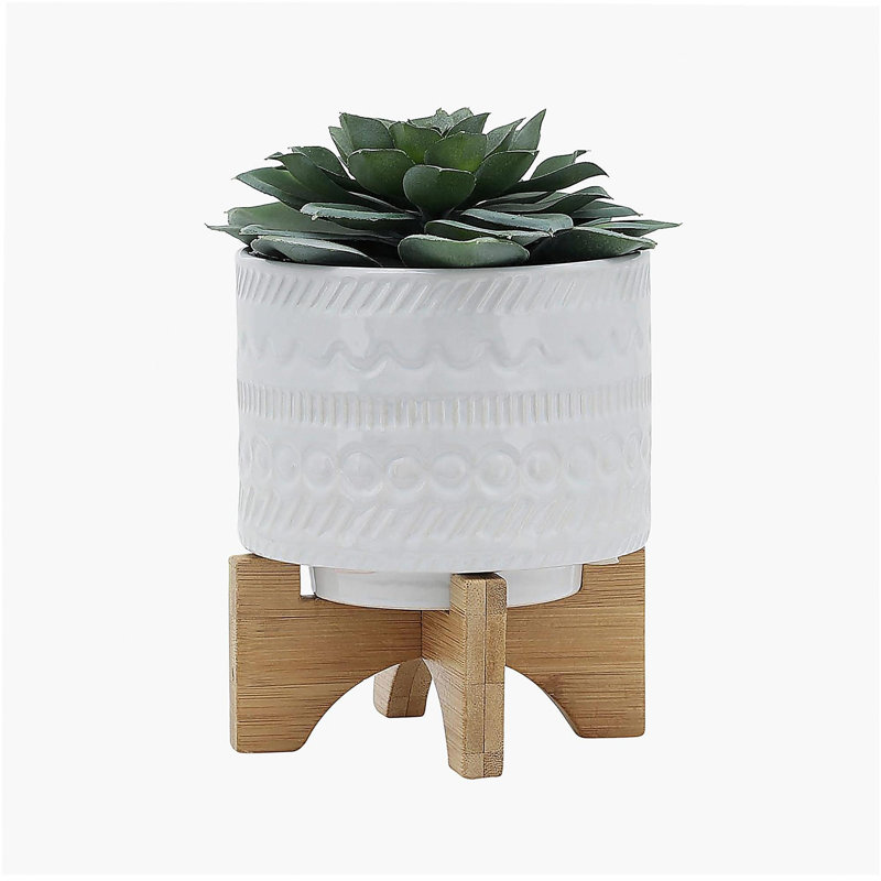 POT DE FLEURS 5 "AVEC SUPPORT EN BOIS, BLANC