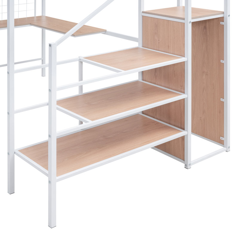 White Full Metal Loft Frame With Wardrobe & Grid Display, Full, White