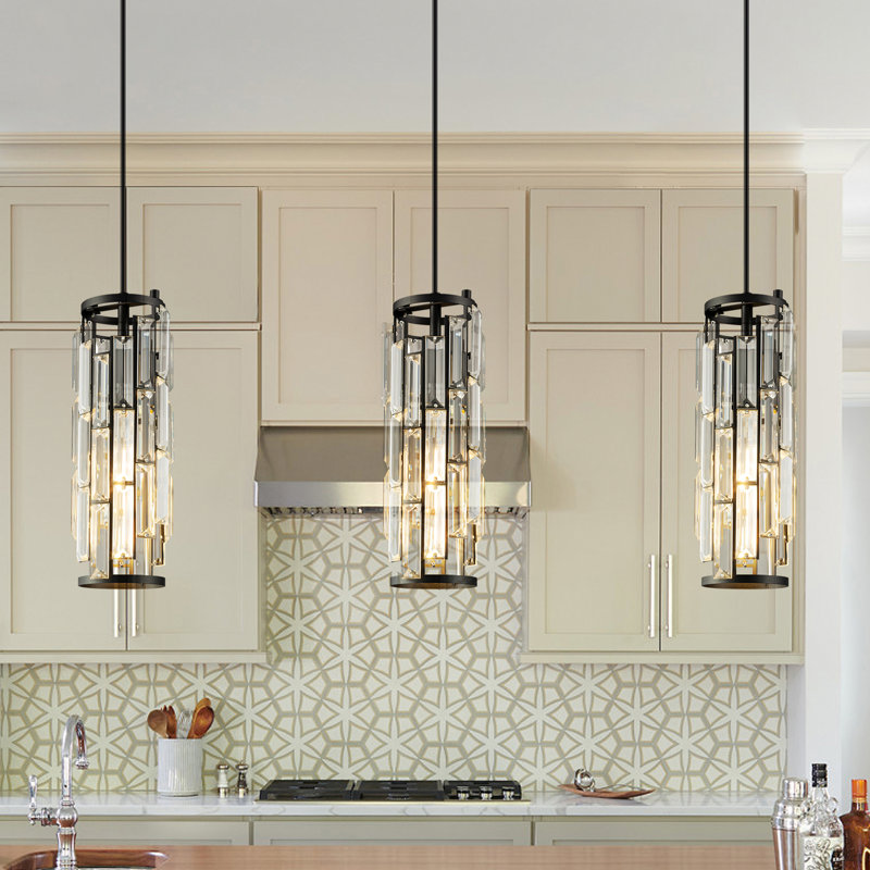 Taveyon Crystal Cylinder Pendant Lights Kitchen Island, Matte Black, 3 Lights