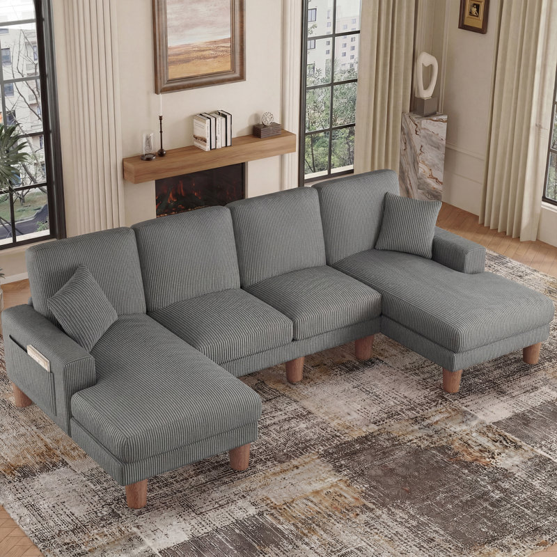Modern Oversize 269cm 4-Seater Corduroy U-Shaped Sofa and Chaise With Solid Wood Legs, Grey