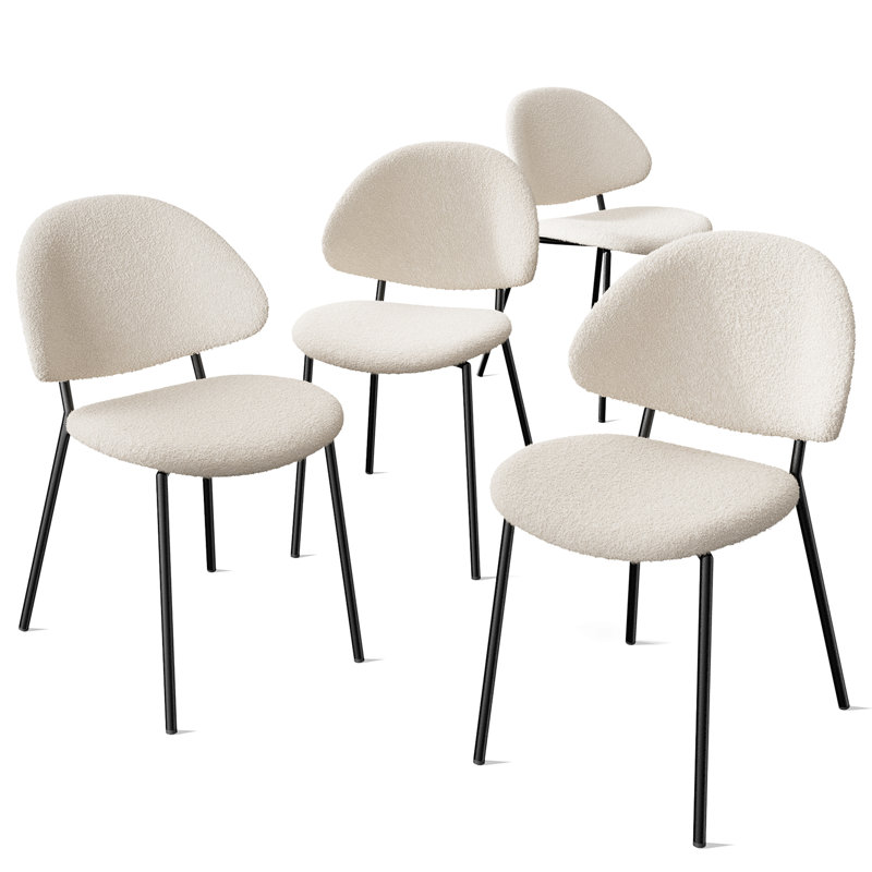 Chaises de salle à manger rembourrées Boucle de style Mid-Century blanc moderne de 4 personnes pour le bureau et les espaces, avec fabrication en tissu doux au toucher, structure de support