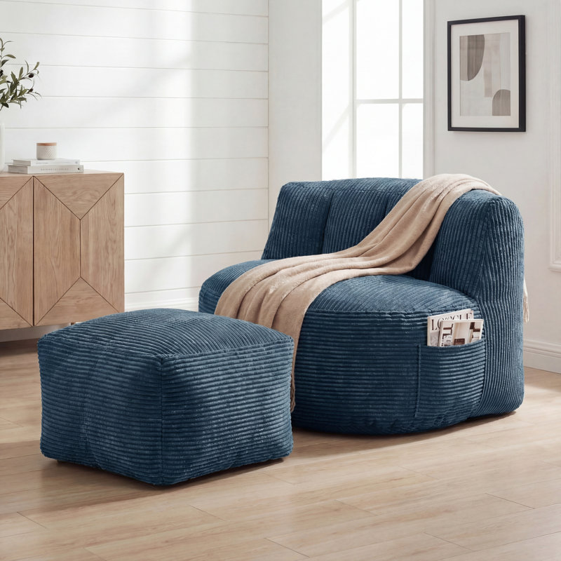 Oversized Adult Bean Bag Chair With Ottoman, Corduroy Fabric Lazy Sofa, Plump Shredded Foam Filled, Soft Fluffy & Portable, Back Support For Napping & Gaming
