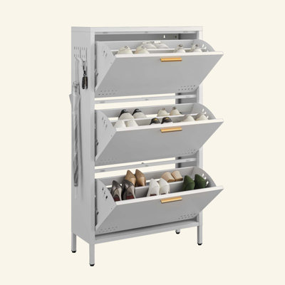 Slim Tilt Out Shoe Cabinet, Heavy-Duty Carbon Steel Entryway Storage Organizer with Side Hooks, Adjustable Shelves & Ventilated Tilt Drawers for Narrow Hallway