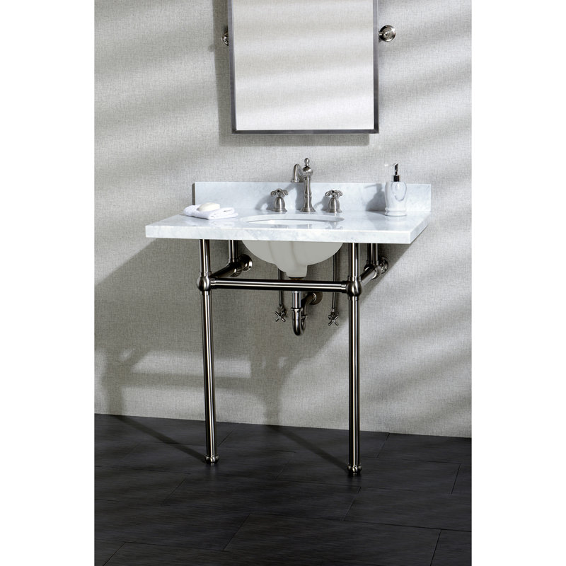 Comptoir de meuble-lavabo Templeton 36 po avec pieds en laiton Kingston (8 po, 3 trous), Marbre de Carrare / Nickel brossé