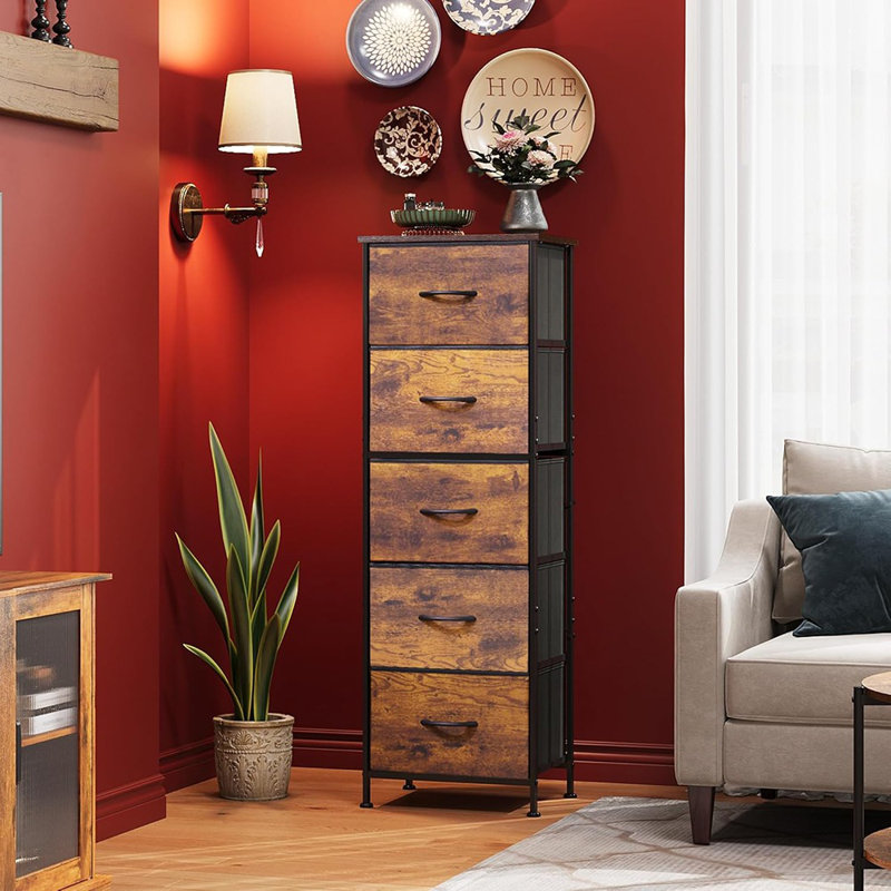  Commode en tissu, commode haute à 5 tiroirs pour la chambre à coucher, rangement avec bacs en tissu, plateau en bois, structure en acier robuste, commode pour placard, couloir, imprimé grain de bois brun rustique