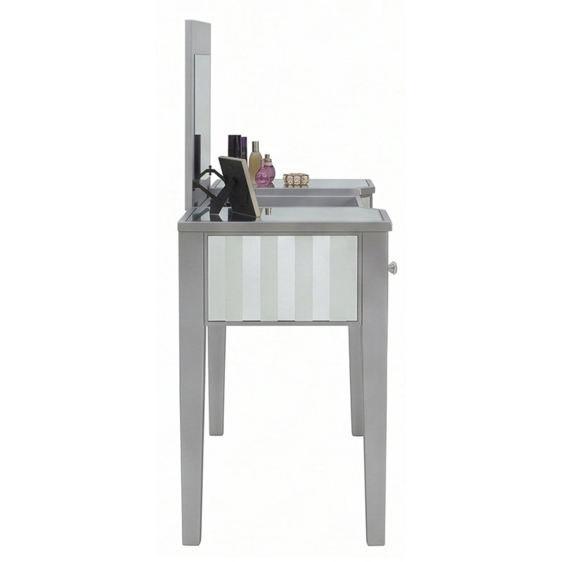 Ensemble de coiffeuse argentée avec miroir rabattable, armoire latérale extensible double, tabouret rembourré et plusieurs tiroirs pour chambre à coucher