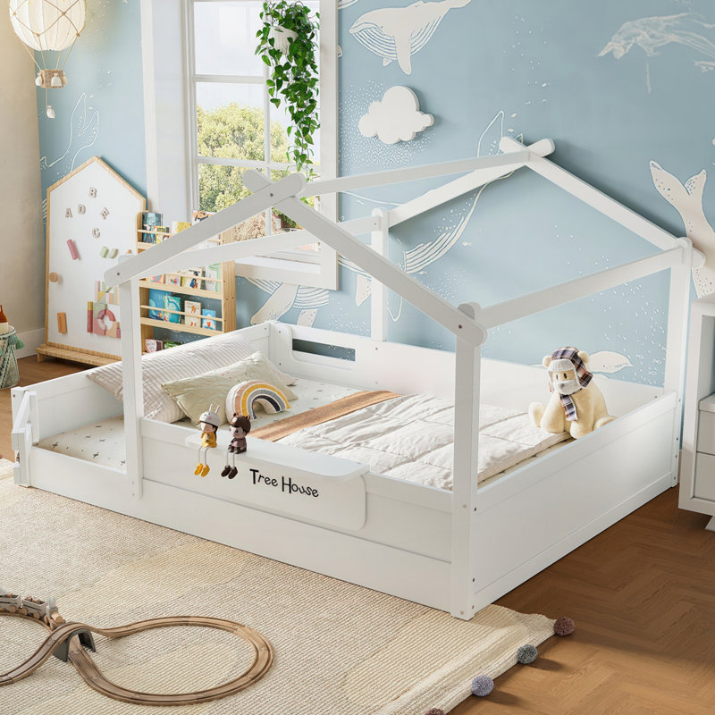 Floor Bed With Guardrails And Roof, White, Queen