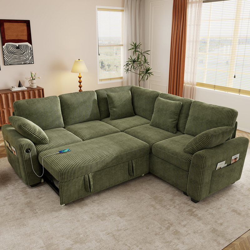 Macleod 83" Upholstered Corduroy L Shape Modular Sectional Sleeper Sofa with Pull Out Bed and USB Charging, Green