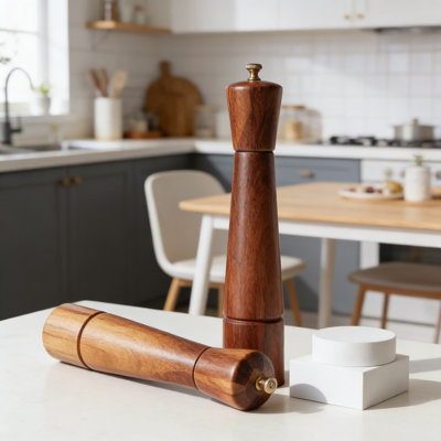 Ensemble de moulins à sel et à poivre en bois d'acacia avec plateau - Moulins réglables en céramique et en acier inoxydable pour les épices fraîchement moulues