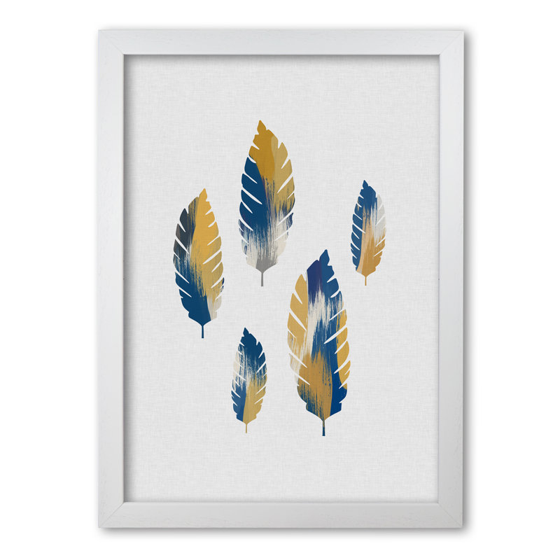 Leaves Blue & Yellow - Print, White Grain Frame, 85 cm H x 60 cm W x 5 cm D