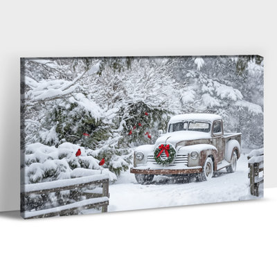 Grand art mural rétro sur toile des Fêtes - Camion rouge d'hiver, scène de neige, reproduction de photo d'oiseaux cardinaux, œuvre de Noël sur toile pour le salon, décoration murale de ferme, prêt à être accroché, 24 po x 36 po