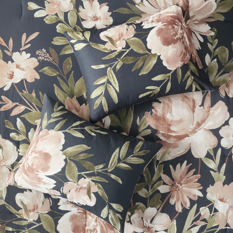 Édredon 8 pièces en coton bleu marine avec imprimé floral rosé 2 taies décoratives, coussins et jupe de lit assortis