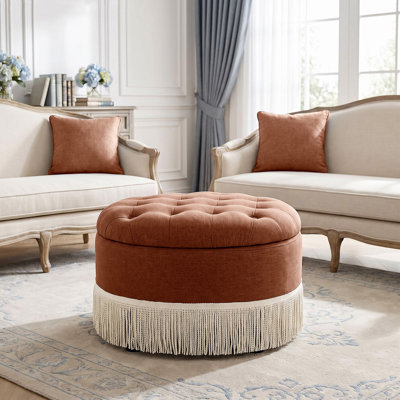 Pouf rond de 60,5 cm avec rangement, pouf ottoman rembourré de style bohème, pouf de rangement en lin pour salon, chambre, entrée