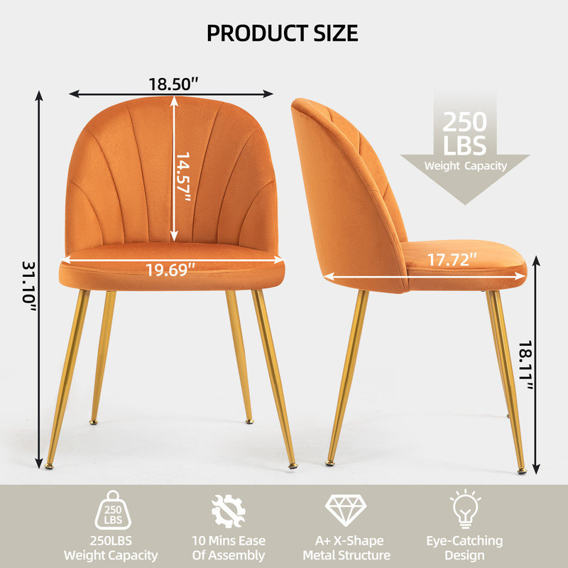 Modern Velvet Armless Side Dining Chairs, Orange