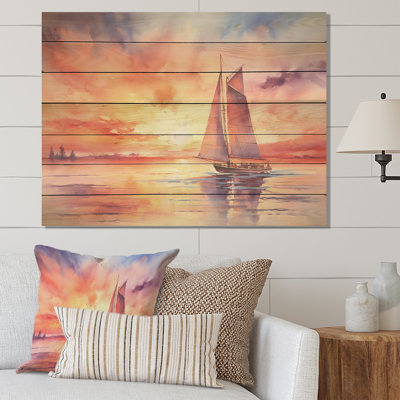 «Pastel Colours Sailboat Sunset II - Bateau à voile sur bois»