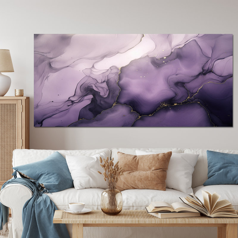 Mauve et gris, encre de marbre, nuages X, art mural fractales, Toile tendue, H 28 po x l 60 po x P 1,5 po