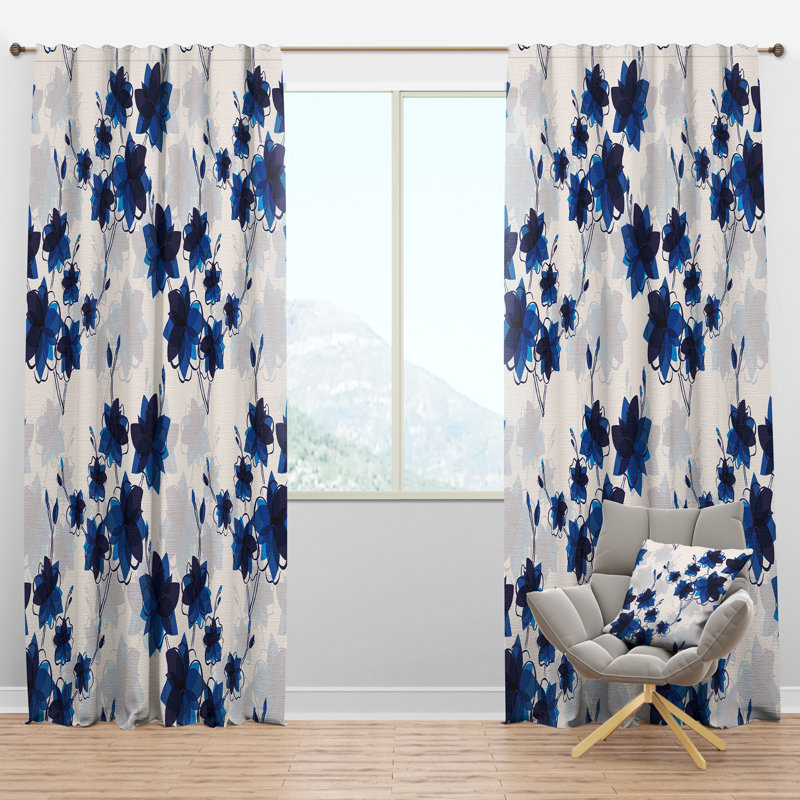 Abstract Blue Flowers - Traditional Curtain - Velvet Room darkening - 1 panel, 52"W x 120"L