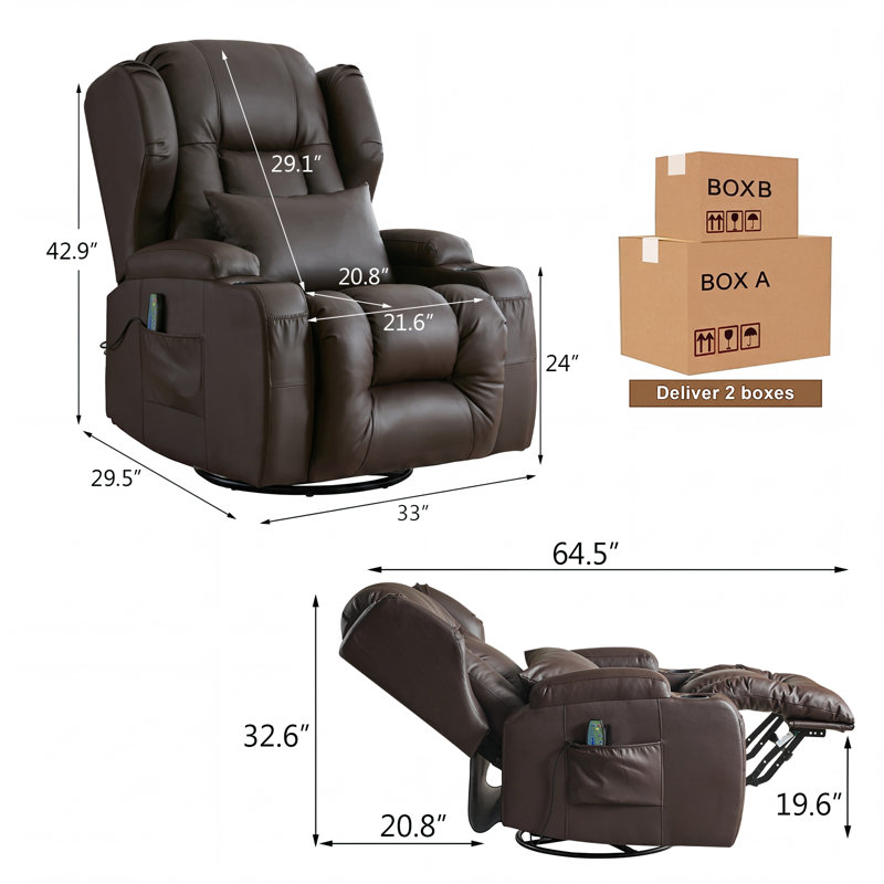 Vegan Leather Power Swivel Rocker Recliner Chair Home Theater Seating with LED Light and Cup Holder, Brown Faux Leather