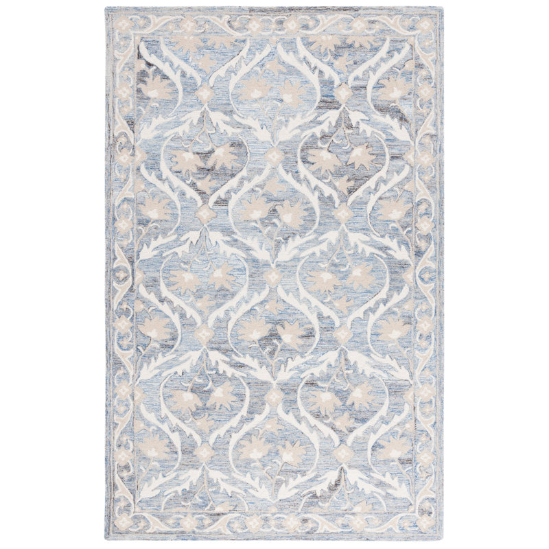 Bornie Tufted Wool/Cotton Damask Rug in Blue/Ivory, Rectangle 5' x 8'