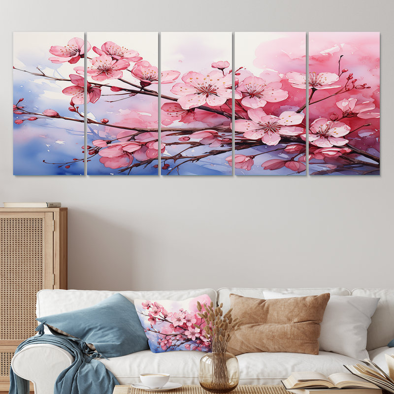 «Pink Blossom Cheery Tree Wind III - Cerise», ensemble de 5 décorations murales, H 28 po x l 60 po