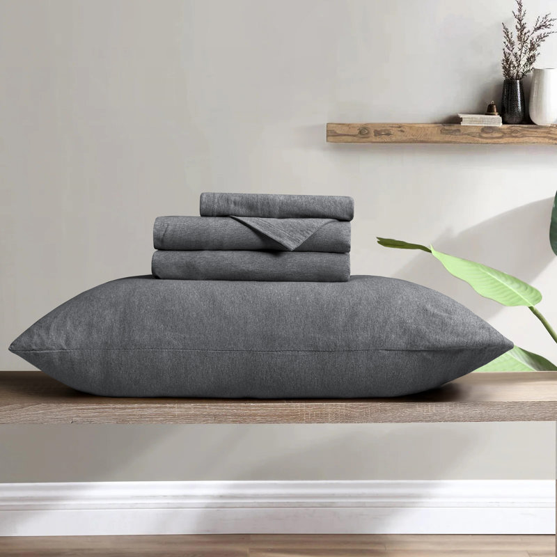 100% Cotton Jersey Knit Sheet Set, Full/Double Sheet Set+ Fitted Sheet+2 Pillowcase, Charcoal