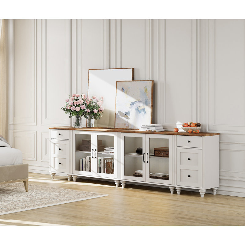 Scarlett Large TV Stand, TV Console Table For 75 Inch TV, Entertainment Center With Charging Station & Glass Doors For Living Room, Kitchen Sideboard Buffet Cabinet For Dining Room, White